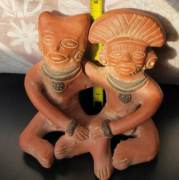 Pre-Columbian Style Mexican Folk Art Aztec Mayan Couple Connected Figurine